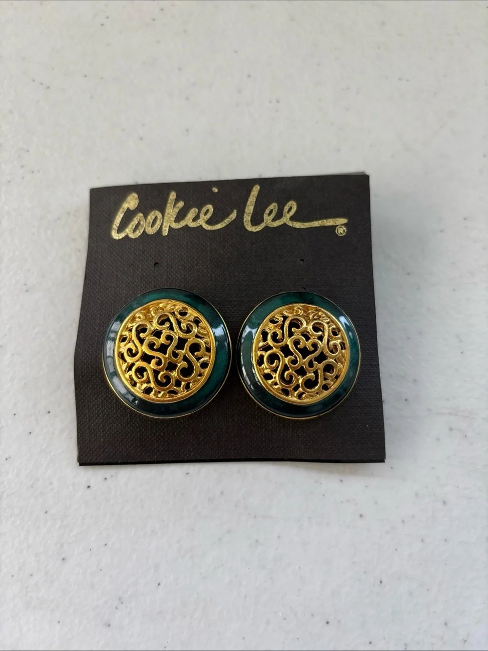 Cookie Lee Gold Filigree with Dark Green Enamel Button Earrings